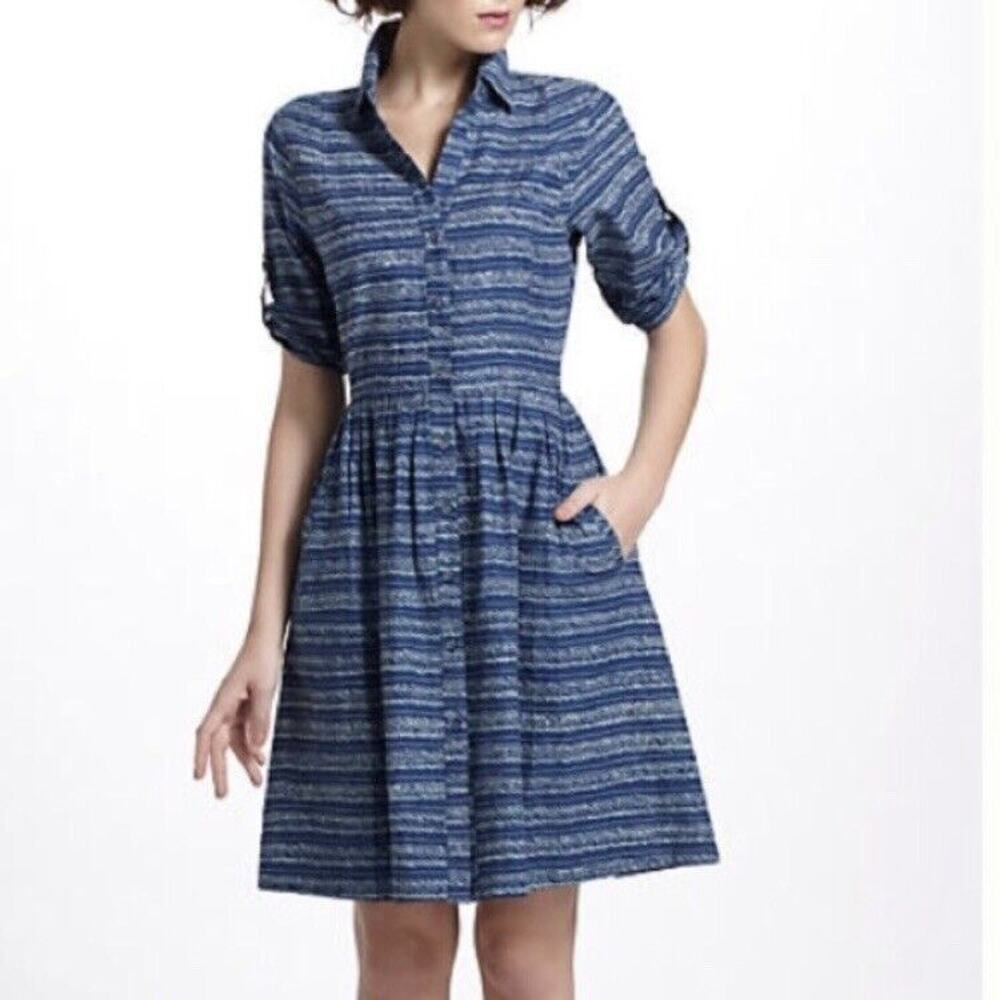 Anthropologie Porridge Dress 2 Blue Short Sleeve A Line Preppy Pockets Button Up